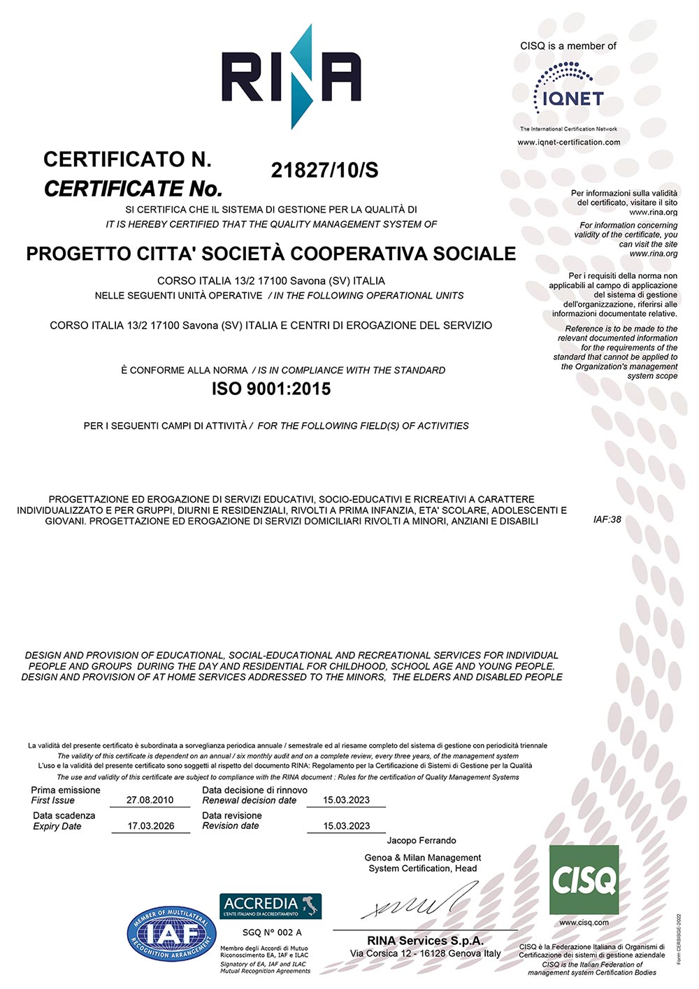 Certificato Rina